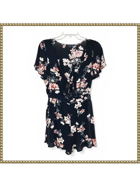 American Eagle Outfitters Pants - American Eagle Black Floral Romper Short Sleeve Large